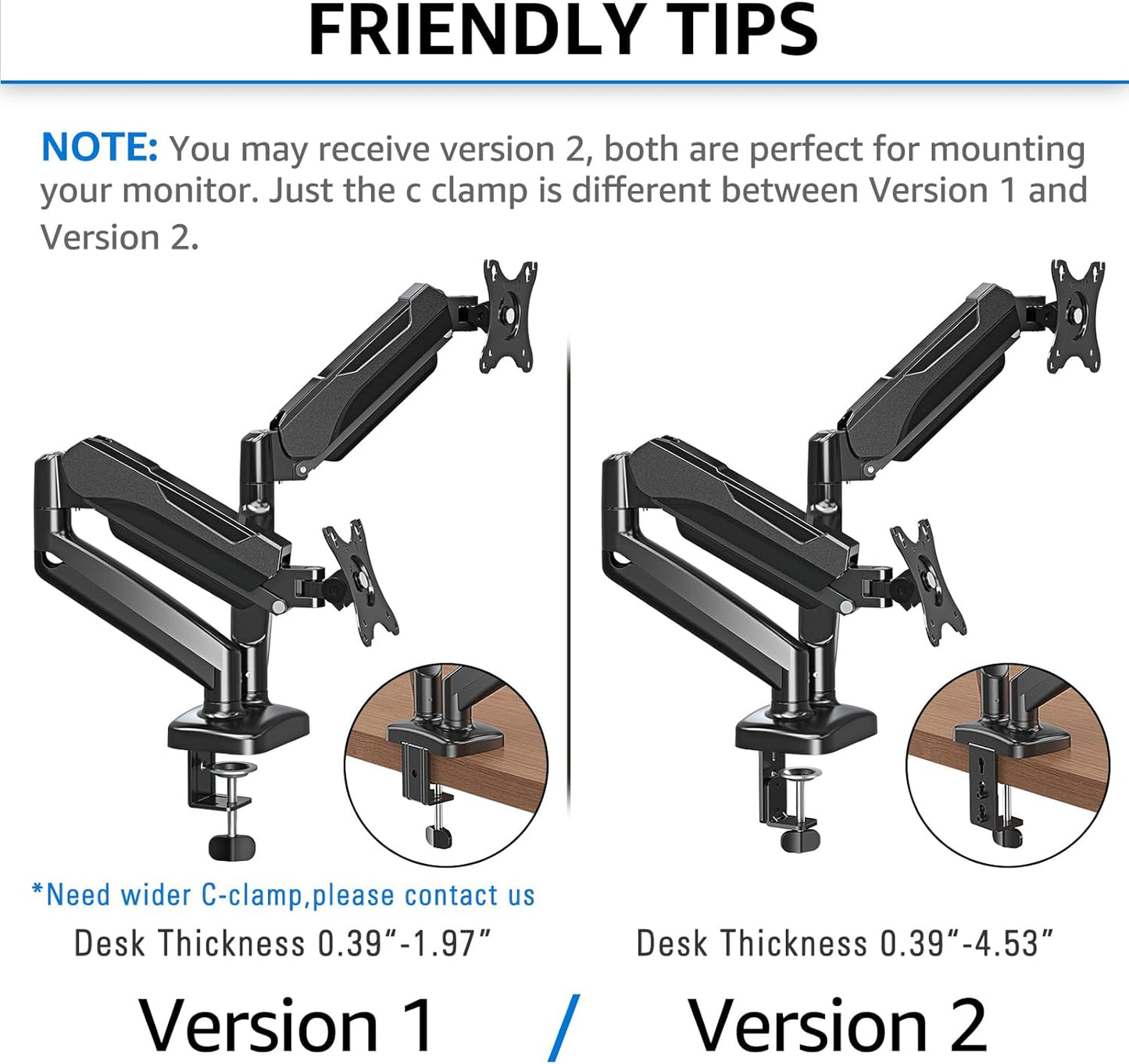 Dual Monitor Stand for Desk, Adjustable Gas Spring Double Monitor Mount Holds 4.4-17.6 Lbs and 13-32 Inch Screens, Monitor Arms for 2 Monitors, VESA 75X75 100X100 with C-Clamp& Grommet MU0005