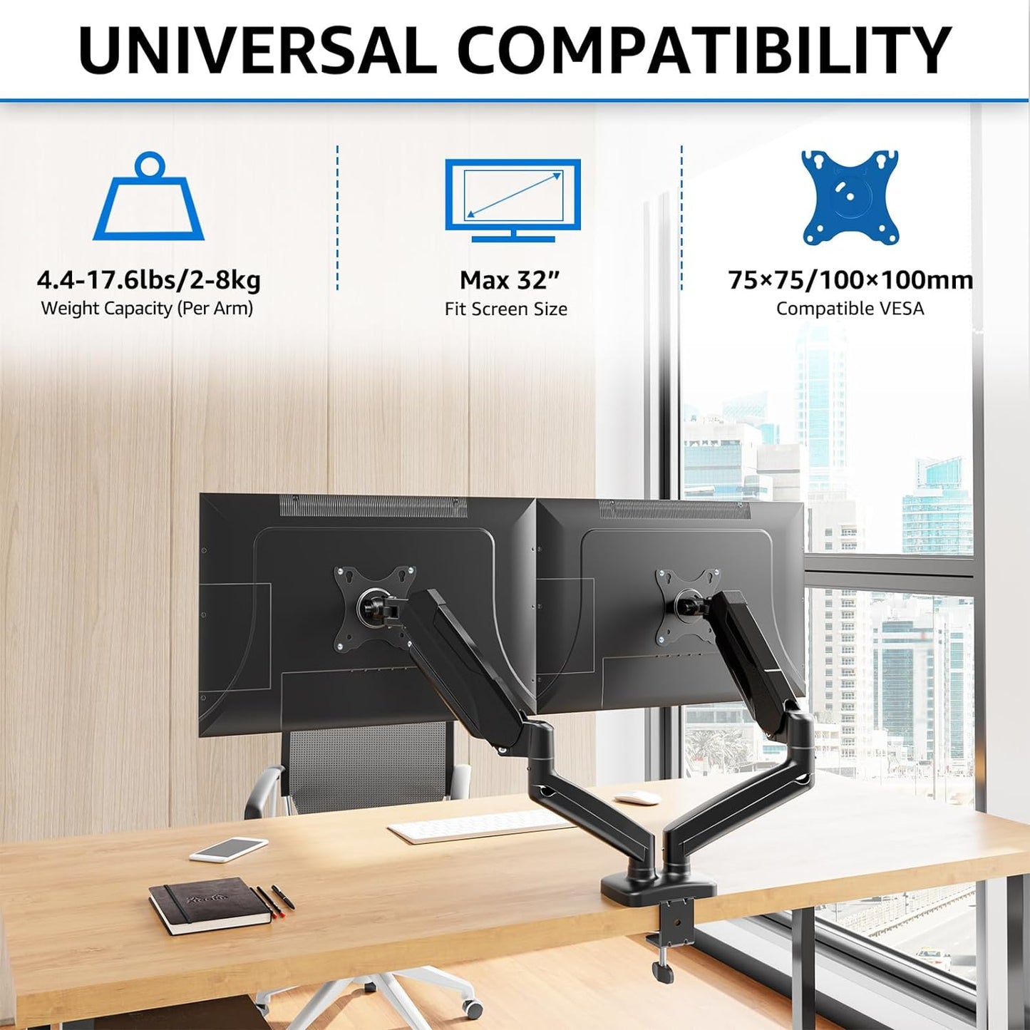 Dual Monitor Stand for Desk, Adjustable Gas Spring Double Monitor Mount Holds 4.4-17.6 Lbs and 13-32 Inch Screens, Monitor Arms for 2 Monitors, VESA 75X75 100X100 with C-Clamp& Grommet MU0005