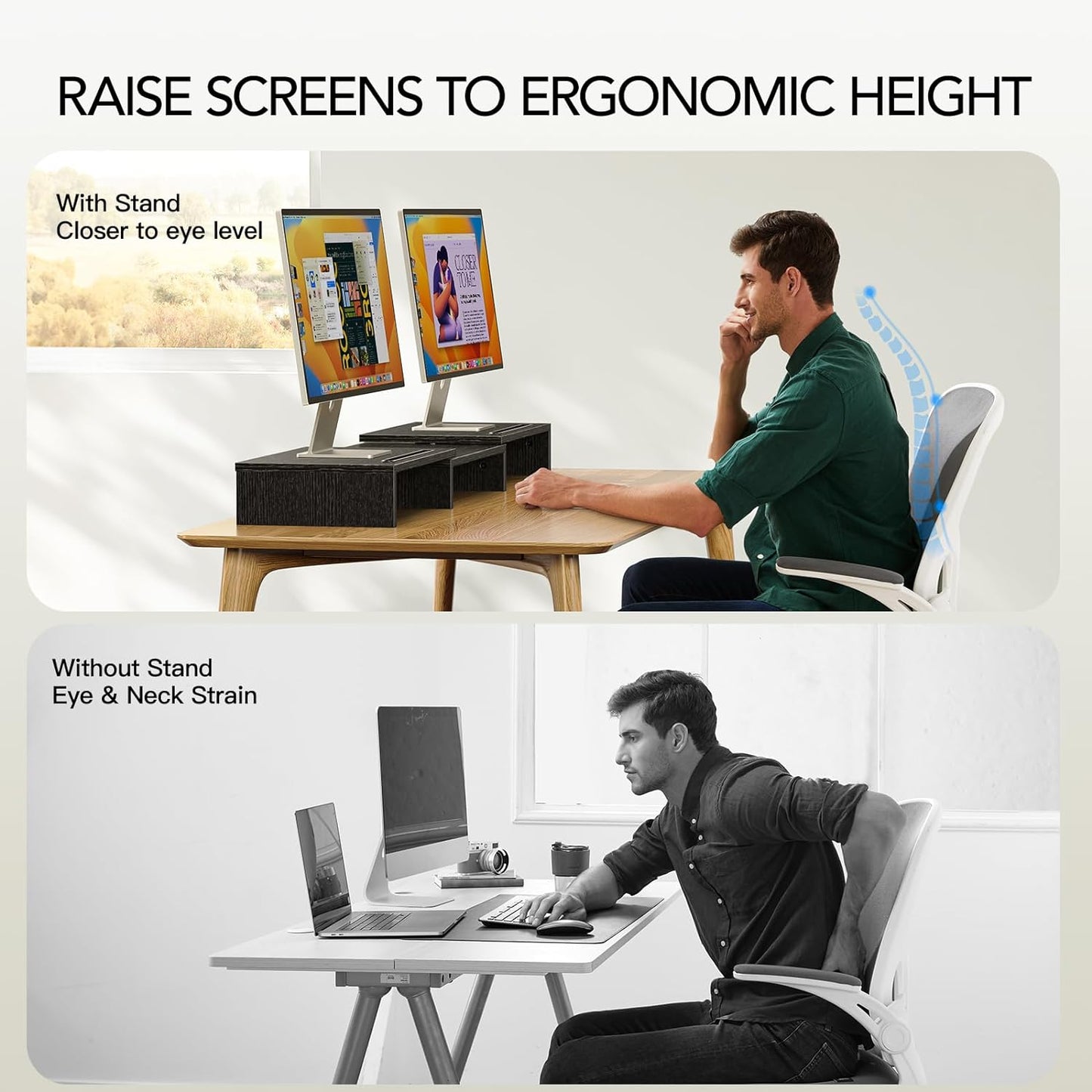 Dual Monitor Stand Riser for 2 Monitors, Monitor Stand for Desk, Adjustable Computer Monitor Stand with 2 Slot, Multifunctional Desktop Organizer Stand for Laptop, PC, Computer, Printer