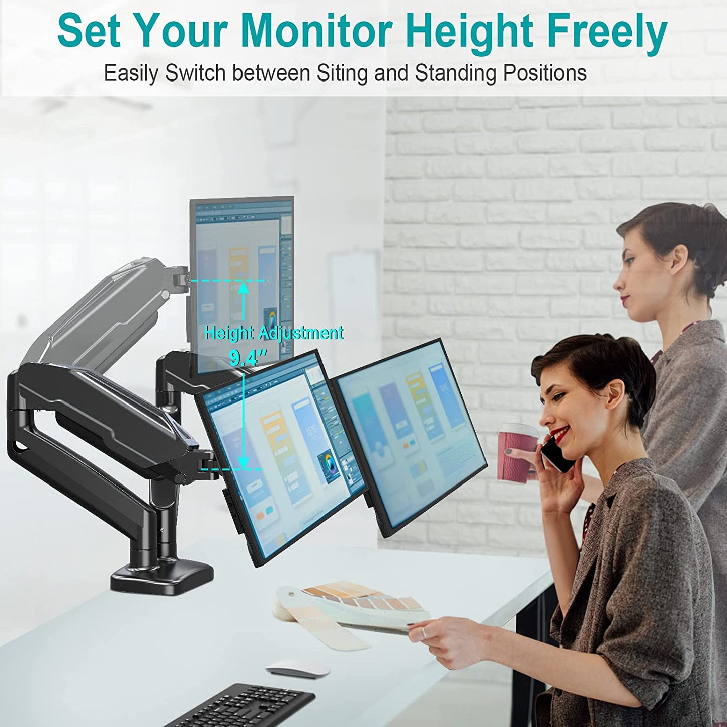 Dual Monitor Mount Fits 13 to 32 Inch Computer Screen, Each Monitor Arm Holds up to 17.6Lbs, Adjustable Full Motion Gas Spring Monitor Desk Stands for 2 Monitors, VESA Monitor Mount 100X100