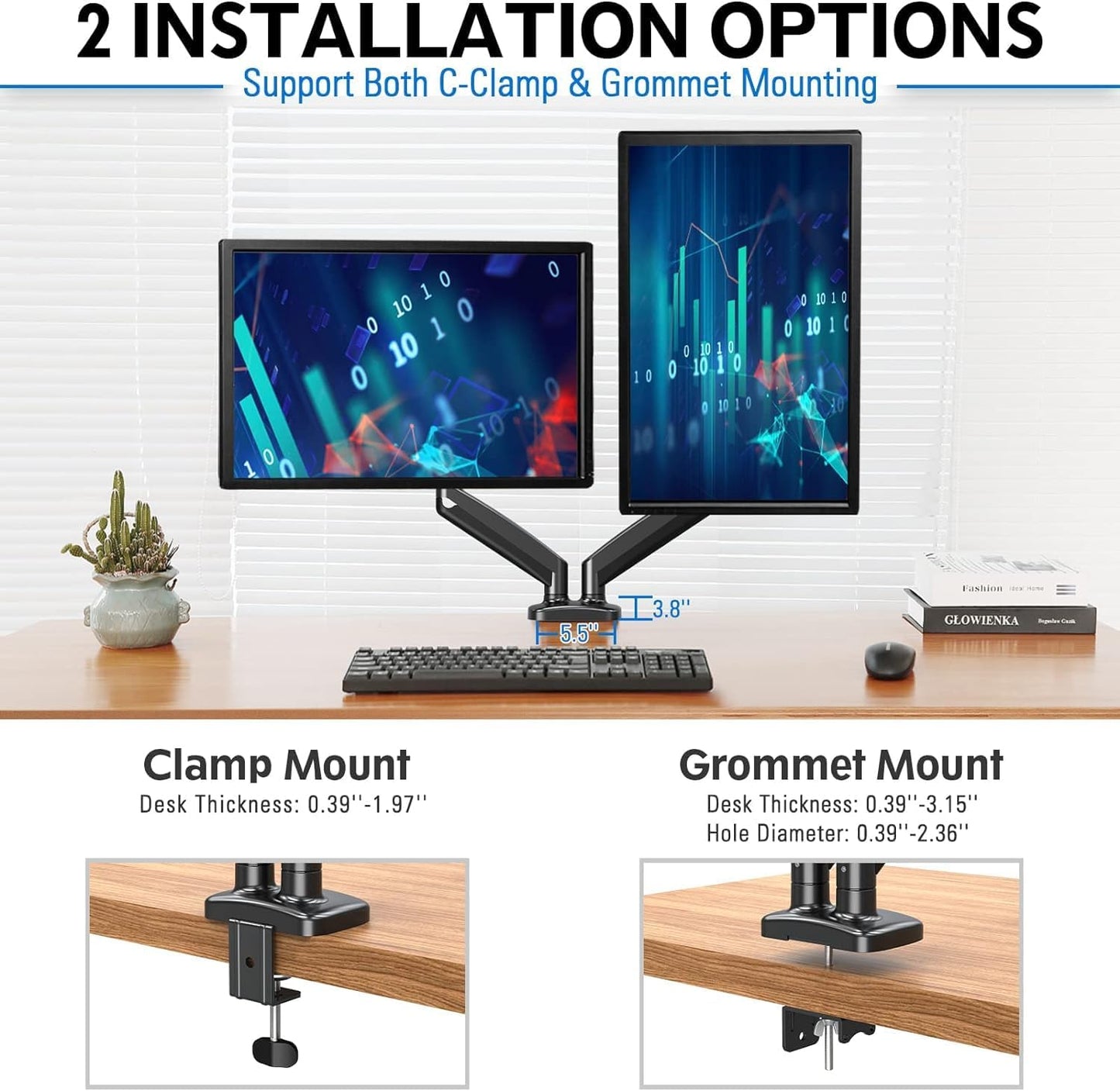 Dual Monitor Stand for Desk, Adjustable Gas Spring Double Monitor Mount Holds 4.4-17.6 Lbs and 13-32 Inch Screens, Monitor Arms for 2 Monitors, VESA 75X75 100X100 with C-Clamp& Grommet MU0005