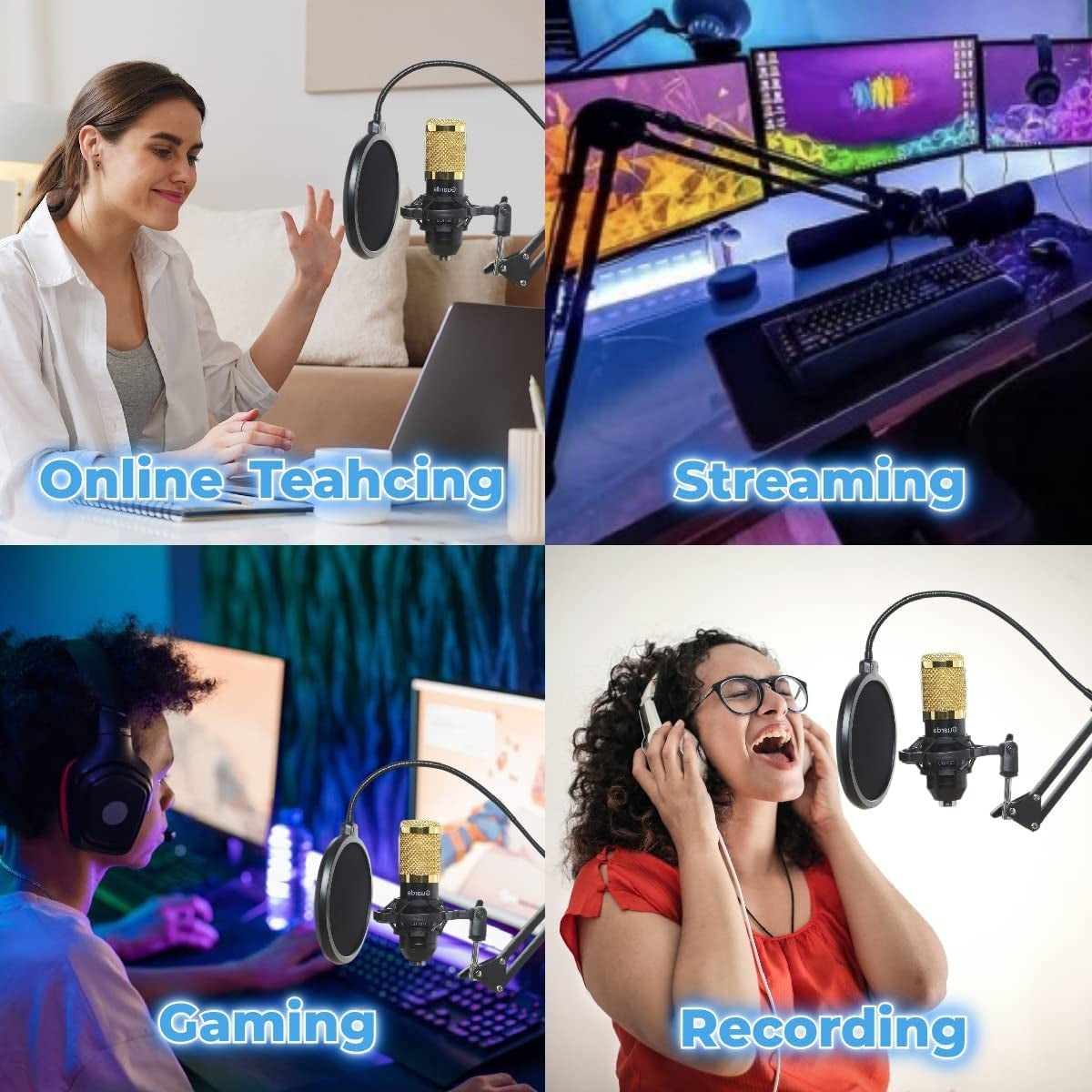 Studio Condenser USB Microphone Computer PC Microphone Kit with Adjustable Scissor Arm Stand Shock Mount, for PC Computer Recording Podcasting Youtube Karaoke Gaming Streaming Teaching Guarda GD100