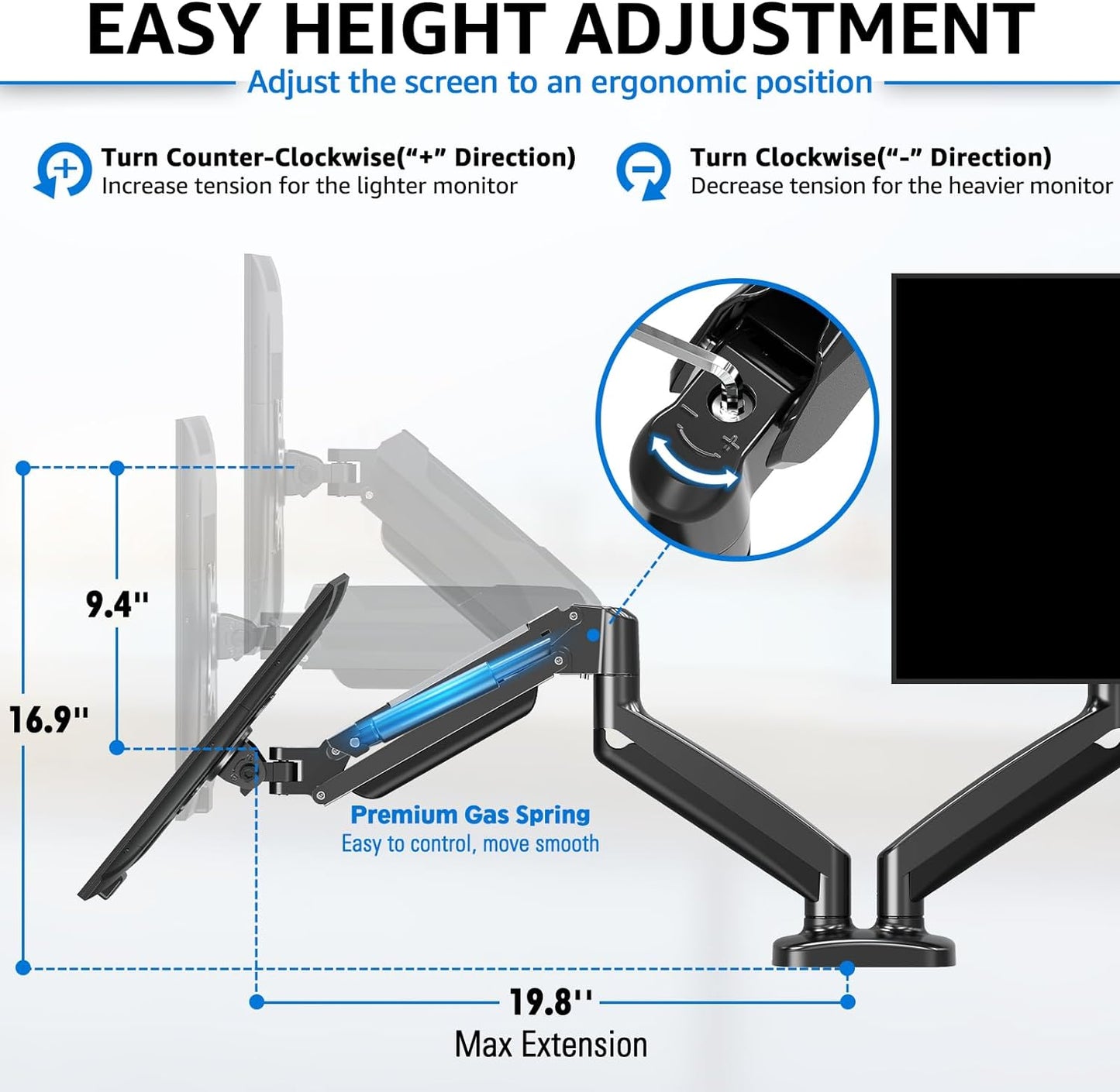Dual Monitor Stand for Desk, Adjustable Gas Spring Double Monitor Mount Holds 4.4-17.6 Lbs and 13-32 Inch Screens, Monitor Arms for 2 Monitors, VESA 75X75 100X100 with C-Clamp& Grommet MU0005