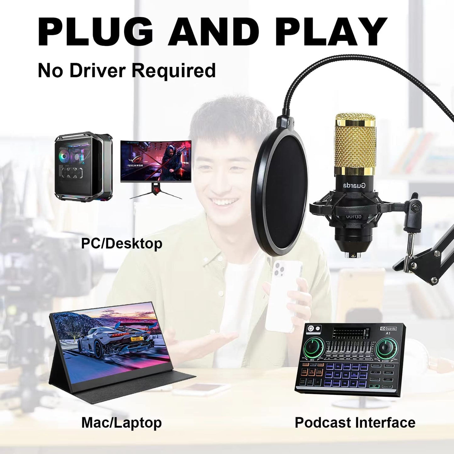 Studio Condenser USB Microphone Computer PC Microphone Kit with Adjustable Scissor Arm Stand Shock Mount, for PC Computer Recording Podcasting Youtube Karaoke Gaming Streaming Teaching Guarda GD100