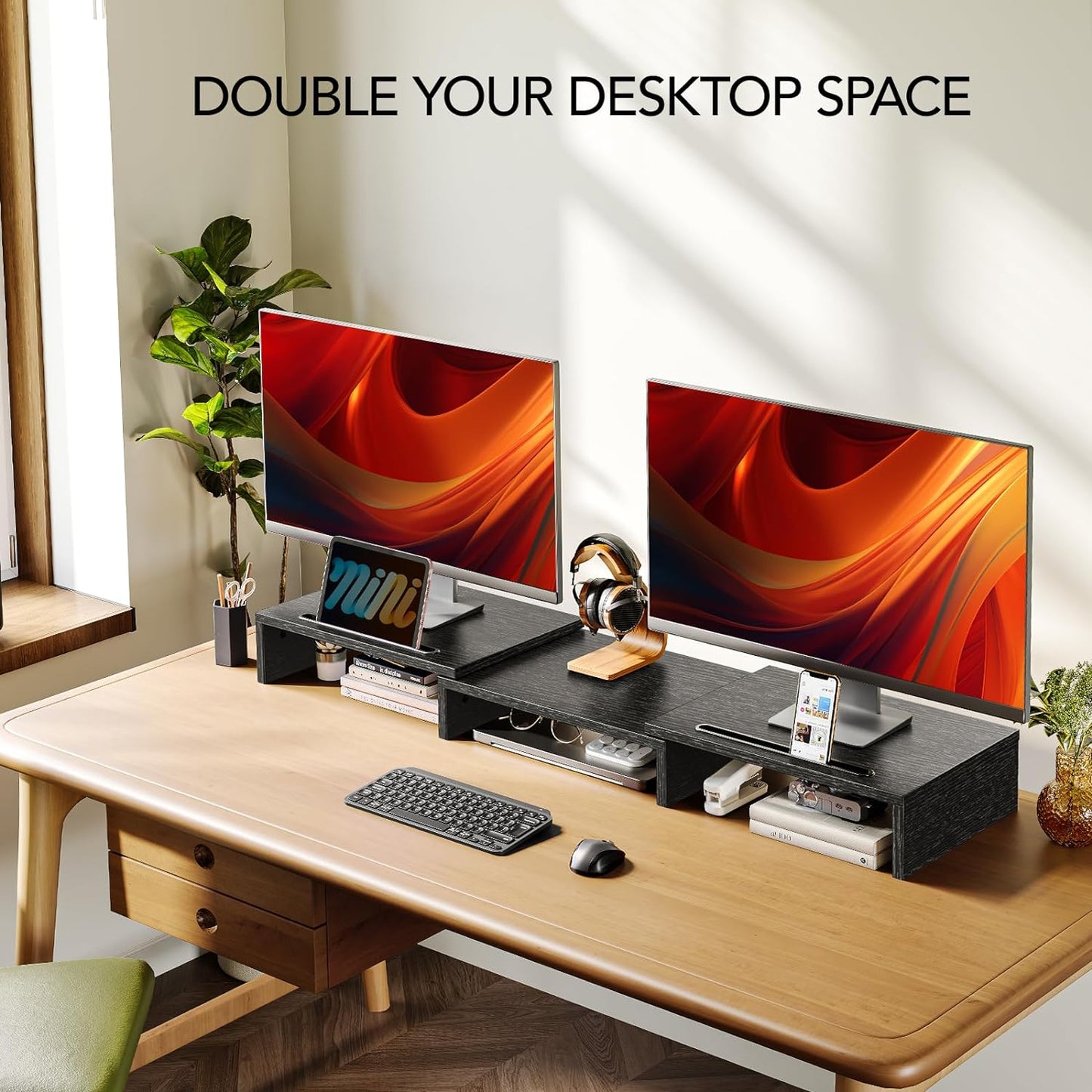 Dual Monitor Stand Riser for 2 Monitors, Monitor Stand for Desk, Adjustable Computer Monitor Stand with 2 Slot, Multifunctional Desktop Organizer Stand for Laptop, PC, Computer, Printer