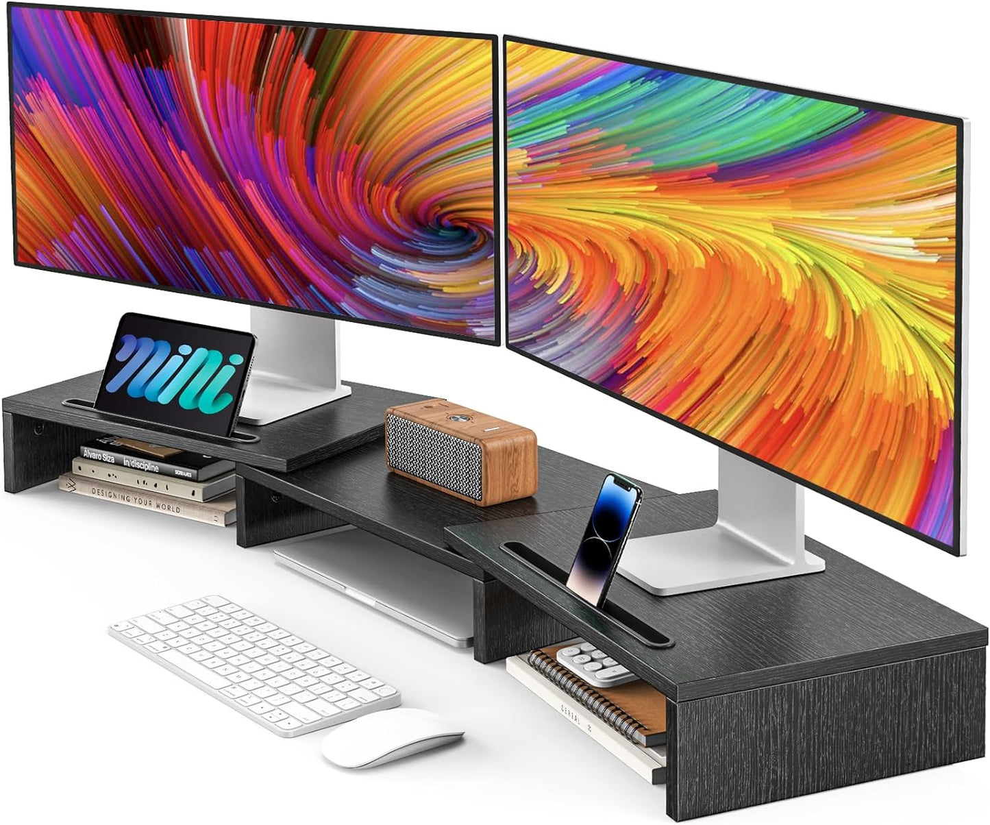 Dual Monitor Stand Riser for 2 Monitors, Monitor Stand for Desk, Adjustable Computer Monitor Stand with 2 Slot, Multifunctional Desktop Organizer Stand for Laptop, PC, Computer, Printer