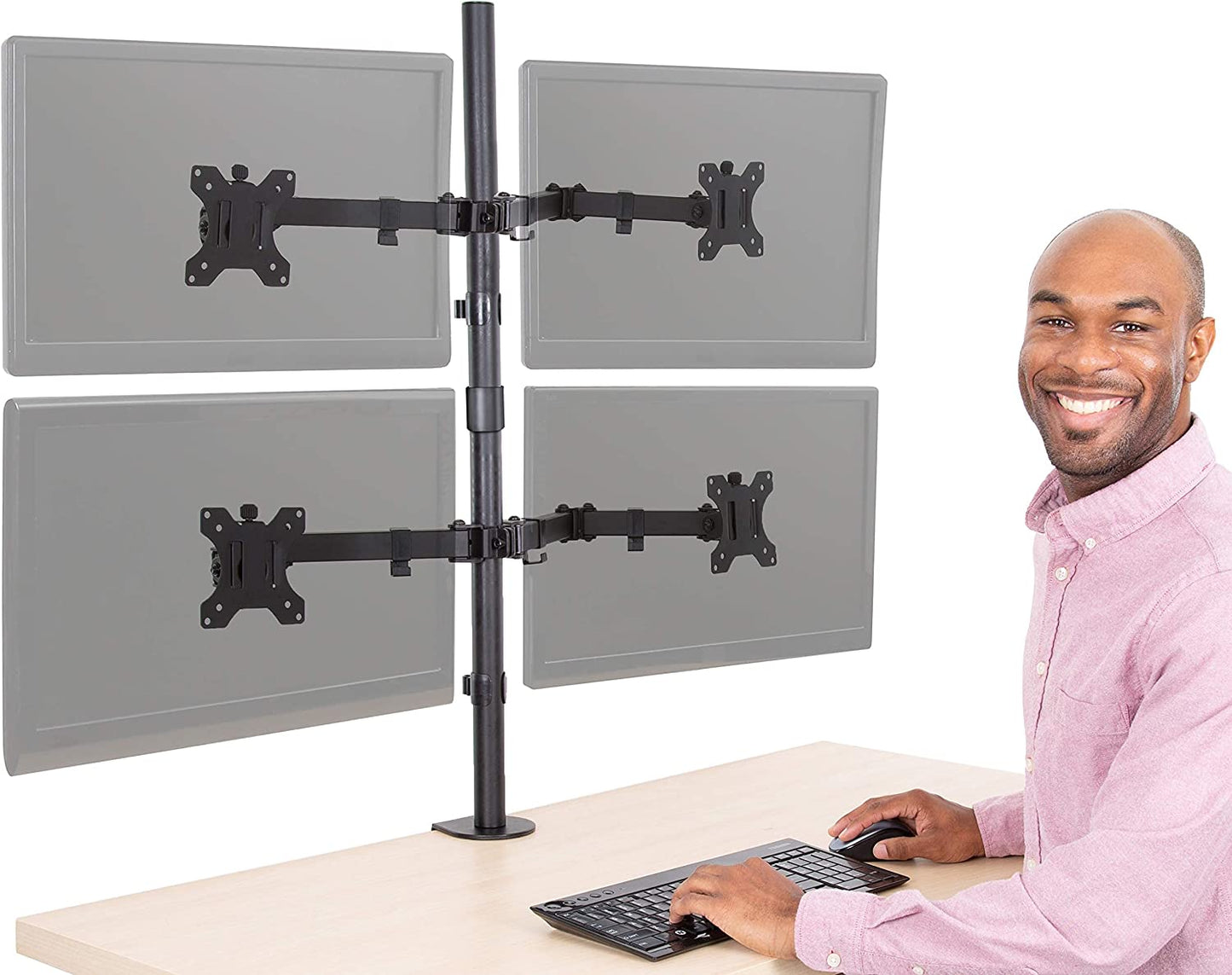 Clamp-On 4 Monitor Mount Desk Stand | Height Adjustable Quad Monitor Stand with Full Articulation VESA Mounts | Fits Most LCD/LED Monitors 13-32 Inches | Easy Set-Up Four Monitor Arm
