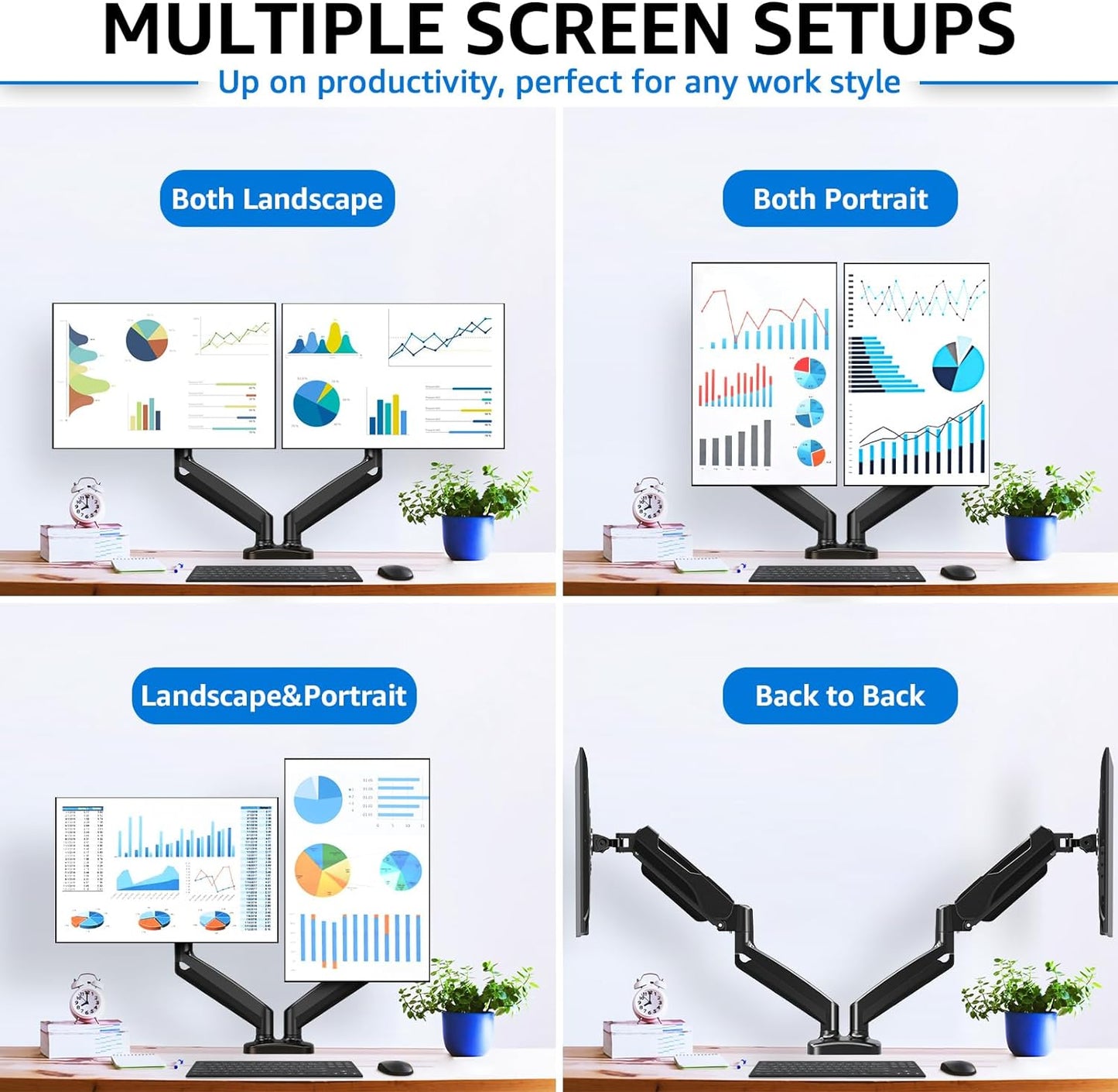 Dual Monitor Stand for Desk, Adjustable Gas Spring Double Monitor Mount Holds 4.4-17.6 Lbs and 13-32 Inch Screens, Monitor Arms for 2 Monitors, VESA 75X75 100X100 with C-Clamp& Grommet MU0005