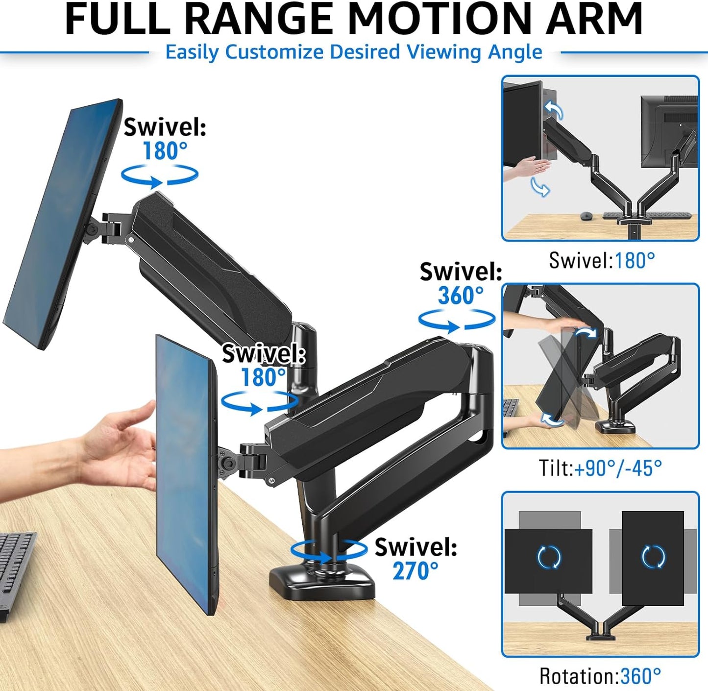 Dual Monitor Stand for Desk, Adjustable Gas Spring Double Monitor Mount Holds 4.4-17.6 Lbs and 13-32 Inch Screens, Monitor Arms for 2 Monitors, VESA 75X75 100X100 with C-Clamp& Grommet MU0005